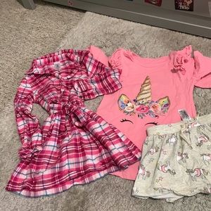 Ruffle sleeve unicorn shirt, fleece dress and unicorn skirt